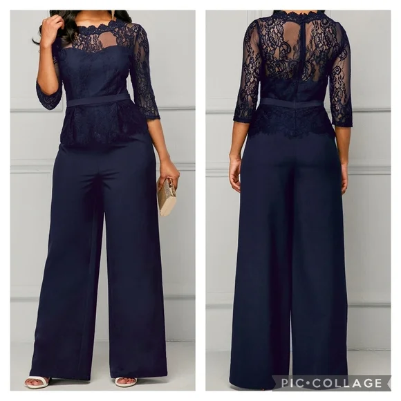 Shein Navy Blue Belted Lace Illusion Neckline Jumpsuit - Picture 1 of 7